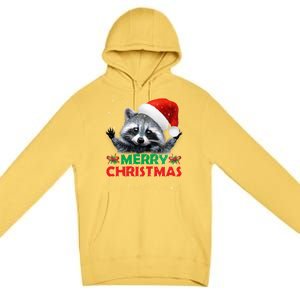 Merry Christmas Raccoon Santa Raccoon Wears Santa Hat Funny Long Sleeve Premium Pullover Hoodie