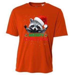 Merry Christmas Raccoon Santa Raccoon Wears Santa Hat Funny Long Sleeve Cooling Performance Crew T-Shirt