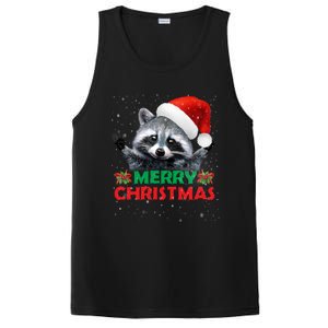 Merry Christmas Raccoon Santa Raccoon Wears Santa Hat Funny Long Sleeve PosiCharge Competitor Tank