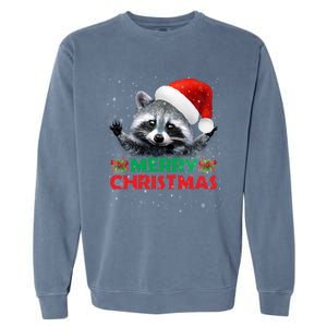 Merry Christmas Raccoon Santa Raccoon Wears Santa Hat Funny Long Sleeve Garment-Dyed Sweatshirt