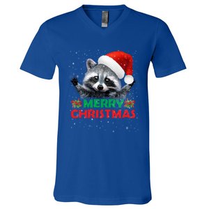 Merry Christmas Raccoon Santa Raccoon Wears Santa Hat Funny Long Sleeve V-Neck T-Shirt