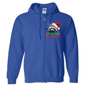 Merry Christmas Raccoon Santa Raccoon Wears Santa Hat Funny Long Sleeve Full Zip Hoodie