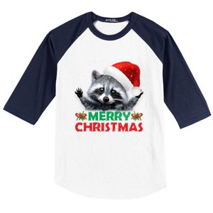 Merry Christmas Raccoon Santa Raccoon Wears Santa Hat Funny Long Sleeve Baseball Sleeve Shirt