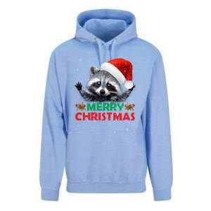 Merry Christmas Raccoon Santa Raccoon Wears Santa Hat Funny Long Sleeve Unisex Surf Hoodie