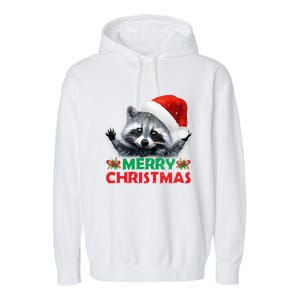 Merry Christmas Raccoon Santa Raccoon Wears Santa Hat Funny Long Sleeve Garment-Dyed Fleece Hoodie