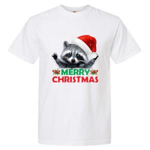 Merry Christmas Raccoon Santa Raccoon Wears Santa Hat Funny Long Sleeve Garment-Dyed Heavyweight T-Shirt