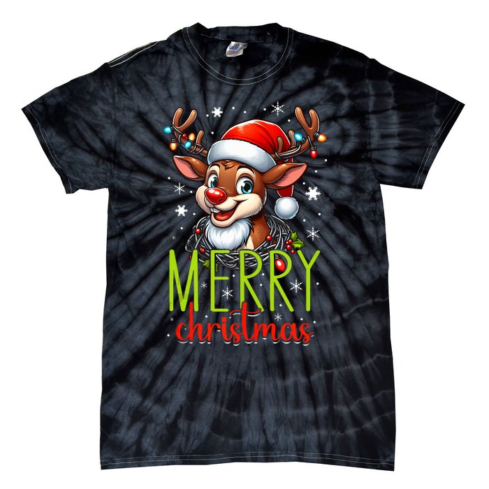 Merry Christmas Reindeer Santa Fairy Lights Xmas Tank Top Tie-Dye T-Shirt