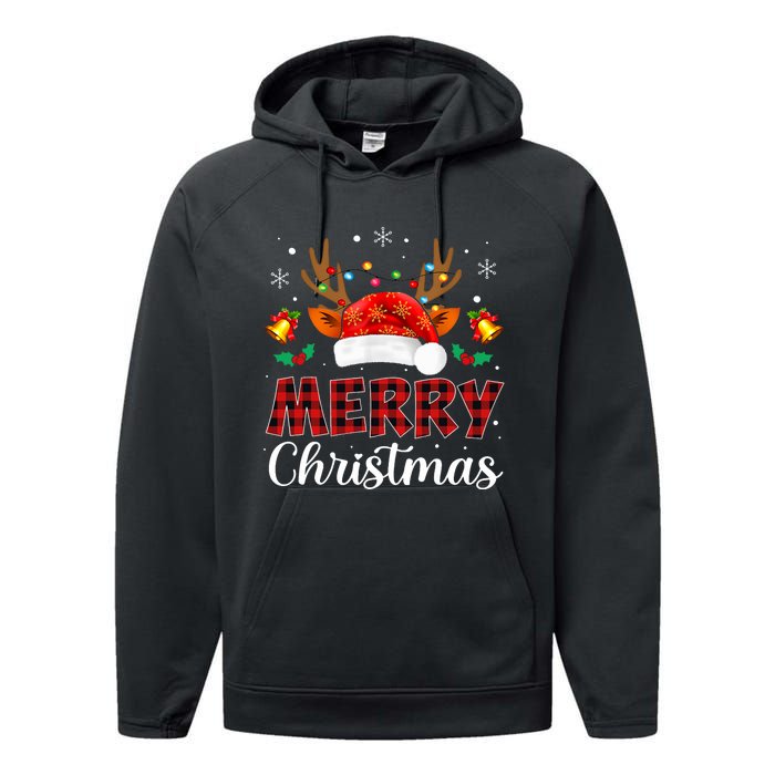 Merry Christmas Red Santa Hat Reindeer Xmas Family Performance Fleece Hoodie