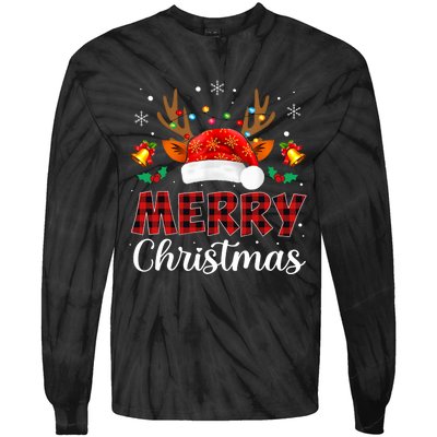 Merry Christmas Red Santa Hat Reindeer Xmas Family Tie-Dye Long Sleeve Shirt