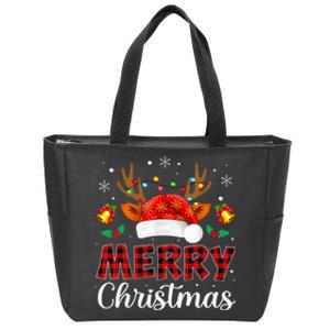 Merry Christmas Red Santa Hat Reindeer Xmas Family Zip Tote Bag