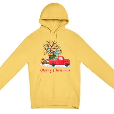 Merry Christmas Red Truck Dinosaur Rex Christmas Tree Snow Gift Premium Pullover Hoodie