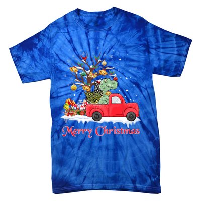 Merry Christmas Red Truck Dinosaur Rex Christmas Tree Snow Gift Tie-Dye T-Shirt