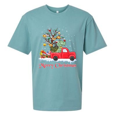 Merry Christmas Red Truck Dinosaur Rex Christmas Tree Snow Gift Sueded Cloud Jersey T-Shirt