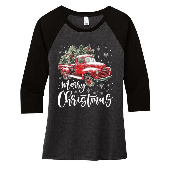 Merry Christmas Red Truck Family Matching Christmas Pajama Women's Tri-Blend 3/4-Sleeve Raglan Shirt