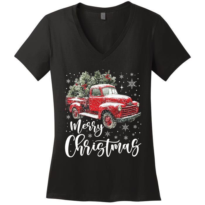 Merry Christmas Red Truck Family Matching Christmas Pajama Women's V-Neck T-Shirt