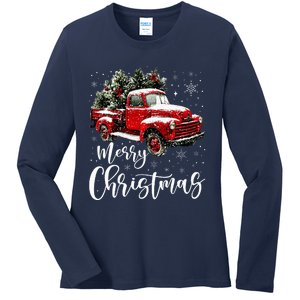 Merry Christmas Red Truck Family Matching Christmas Pajama Ladies Long Sleeve Shirt