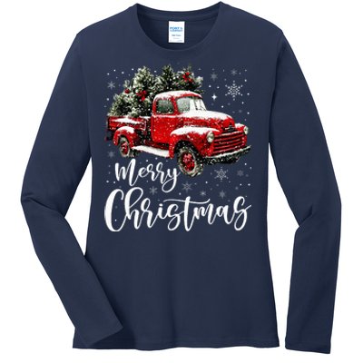 Merry Christmas Red Truck Family Matching Christmas Pajama Ladies Long Sleeve Shirt