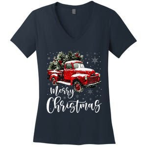 Merry Christmas Red Truck Family Matching Christmas Pajama Women's V-Neck T-Shirt