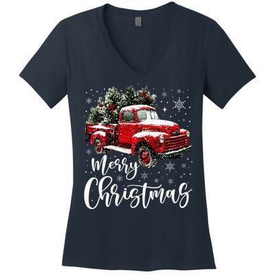 Merry Christmas Red Truck Family Matching Christmas Pajama Women's V-Neck T-Shirt