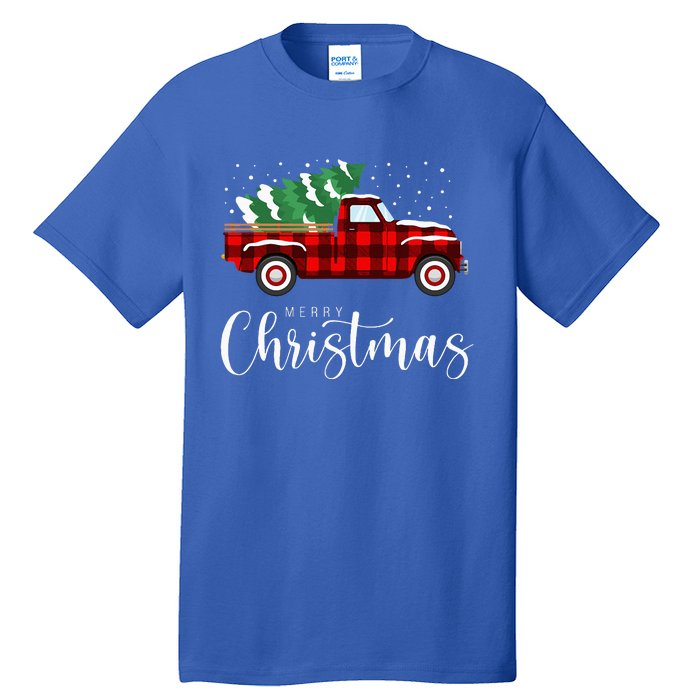 Merry Christmas Red Truck Buffalo Plaid Xmas Retro Vintage Tall T-Shirt