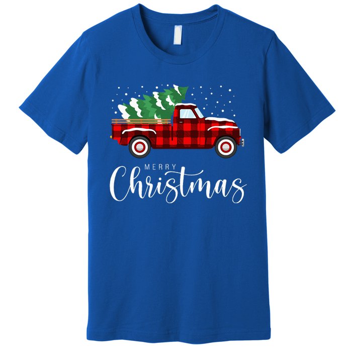 Merry Christmas Red Truck Buffalo Plaid Xmas Retro Vintage Premium T-Shirt