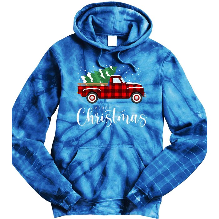 Merry Christmas Red Truck Buffalo Plaid Xmas Retro Vintage Tie Dye Hoodie