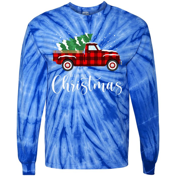 Merry Christmas Red Truck Buffalo Plaid Xmas Retro Vintage Tie-Dye Long Sleeve Shirt