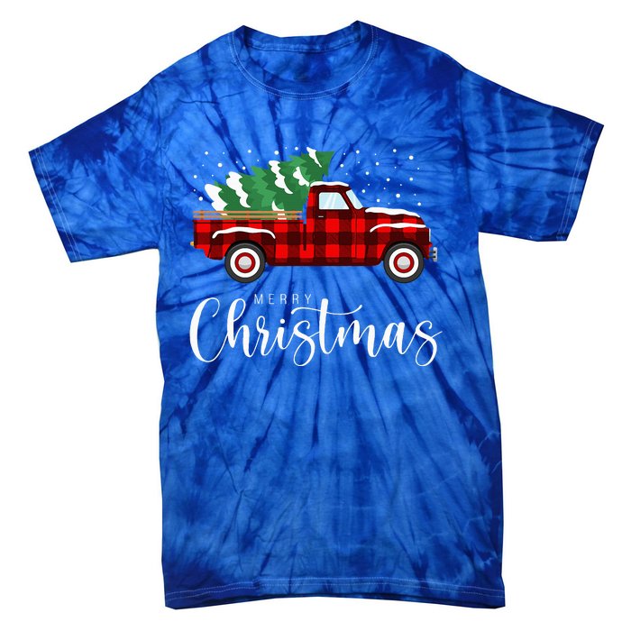 Merry Christmas Red Truck Buffalo Plaid Xmas Retro Vintage Tie-Dye T-Shirt