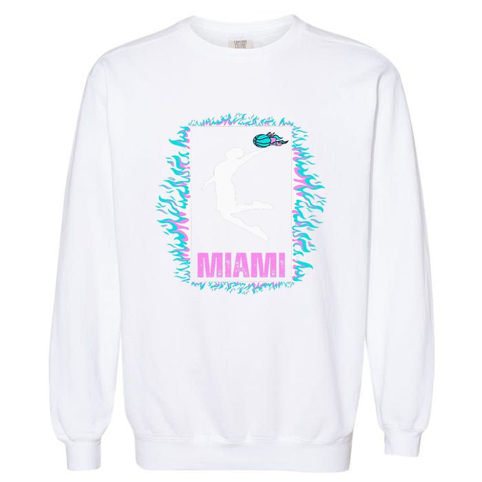 Miami City Retro Vintage Hoops On Fire 305 Baller Southbeach Garment-Dyed Sweatshirt