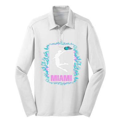 Miami City Retro Vintage Hoops On Fire 305 Baller Southbeach Silk Touch Performance Long Sleeve Polo