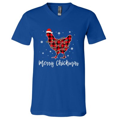 Merry Chickmas Red Plaid Pajama Chicken Santa Hat Chritsmas Meaningful Gift V-Neck T-Shirt