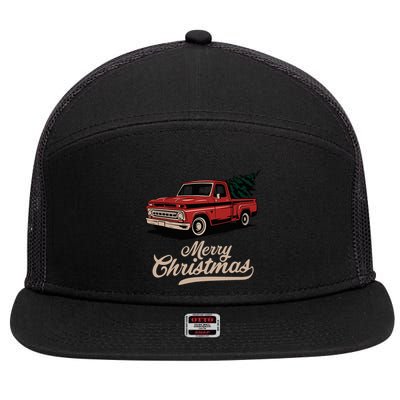 Merry Christmas Red Truck Vintage Retro Holiday 7 Panel Mesh Trucker Snapback Hat