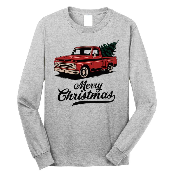 Merry Christmas Red Truck Vintage Retro Holiday Long Sleeve Shirt