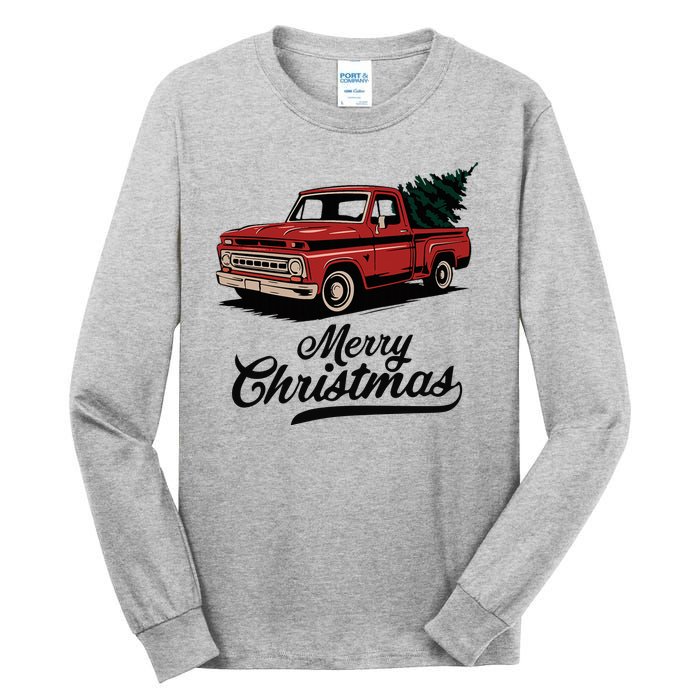 Merry Christmas Red Truck Vintage Retro Holiday Tall Long Sleeve T-Shirt