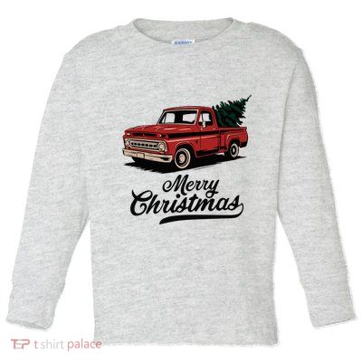 Merry Christmas Red Truck Vintage Retro Holiday Toddler Long Sleeve Shirt