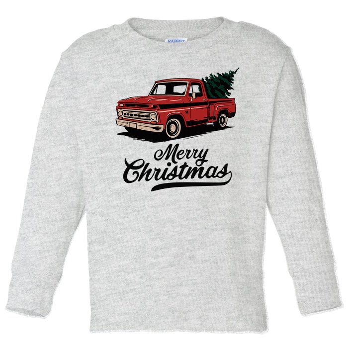 Merry Christmas Red Truck Vintage Retro Holiday Toddler Long Sleeve Shirt