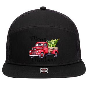 Merry Christmas Red Truck 7 Panel Mesh Trucker Snapback Hat