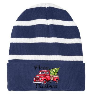 Merry Christmas Red Truck Striped Beanie with Solid Band