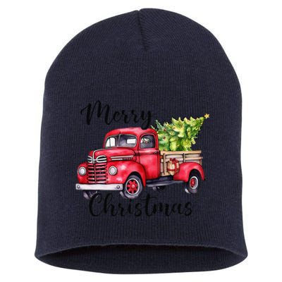 Merry Christmas Red Truck Short Acrylic Beanie