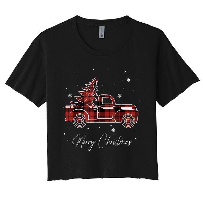 Merry Christmas Red Truck Family Matching Christmas Pajama Women's Crop Top Tee