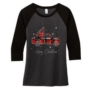 Merry Christmas Red Truck Family Matching Christmas Pajama Women's Tri-Blend 3/4-Sleeve Raglan Shirt