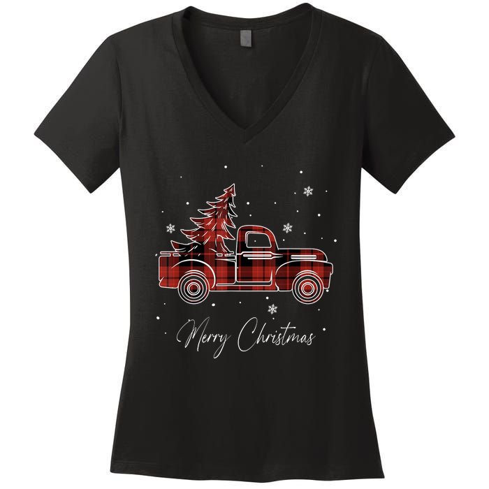 Merry Christmas Red Truck Family Matching Christmas Pajama Women's V-Neck T-Shirt