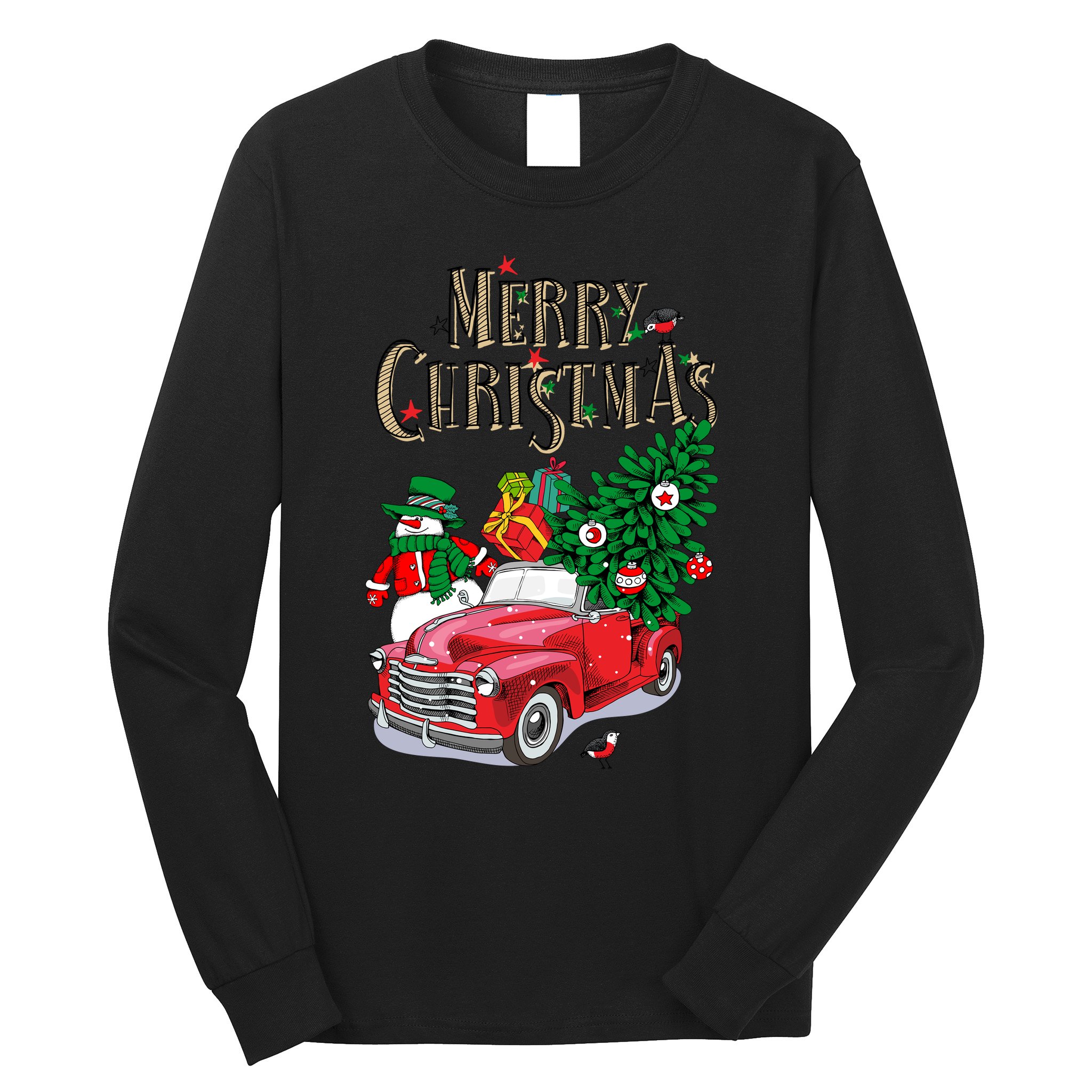 Merry Christmas Red Car Snow Ice Long Sleeve Shirt
