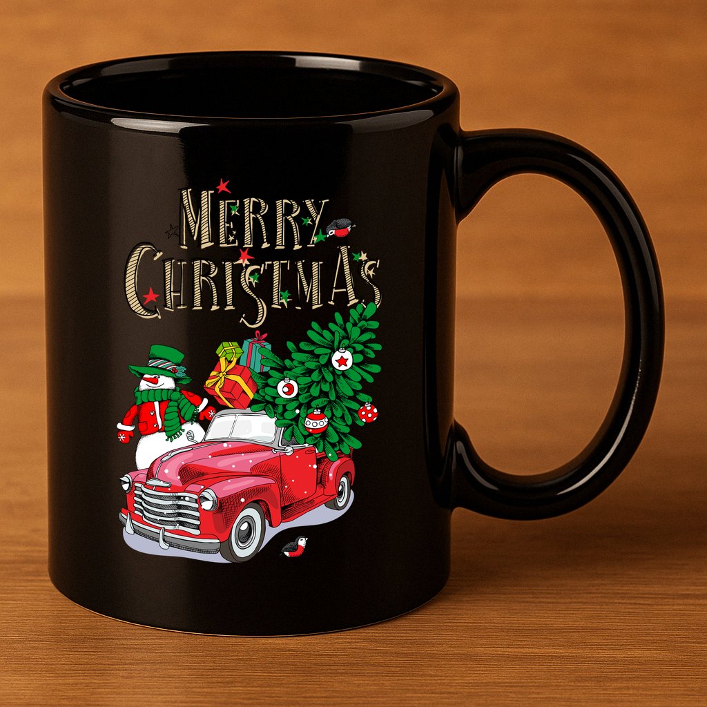 Merry Christmas Red Car Snow Ice 11oz C Handle Ceramic Mug