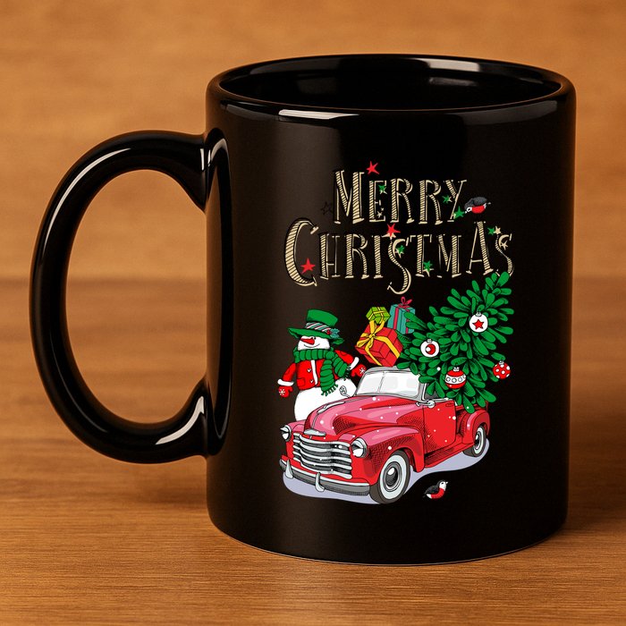 Merry Christmas Red Car Snow Ice 11oz C Handle Ceramic Mug