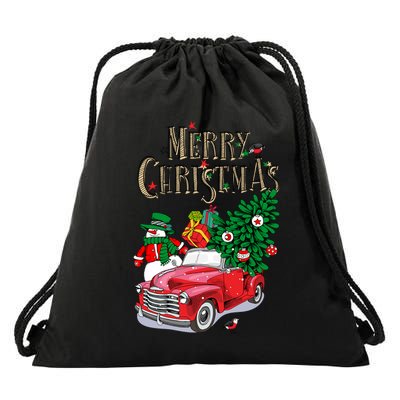 Merry Christmas Red Car Snow Ice Drawstring Bag