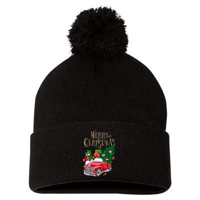 Merry Christmas Red Car Snow Ice Pom Pom 12in Knit Beanie