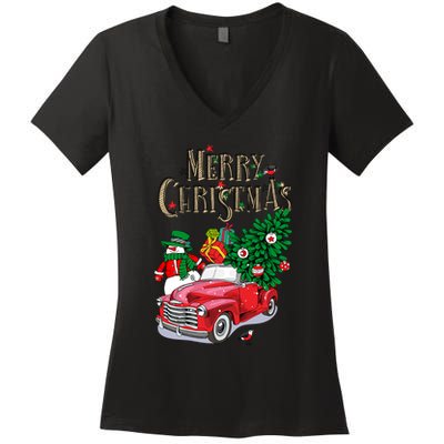 Merry Christmas Red Car Snow Ice Women's V-Neck T-Shirt