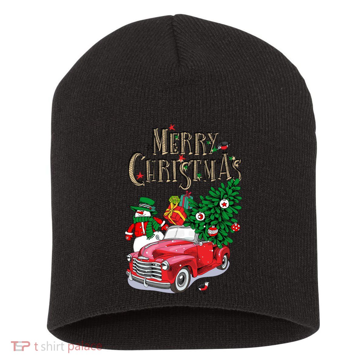 Merry Christmas Red Car Snow Ice Short Acrylic Beanie