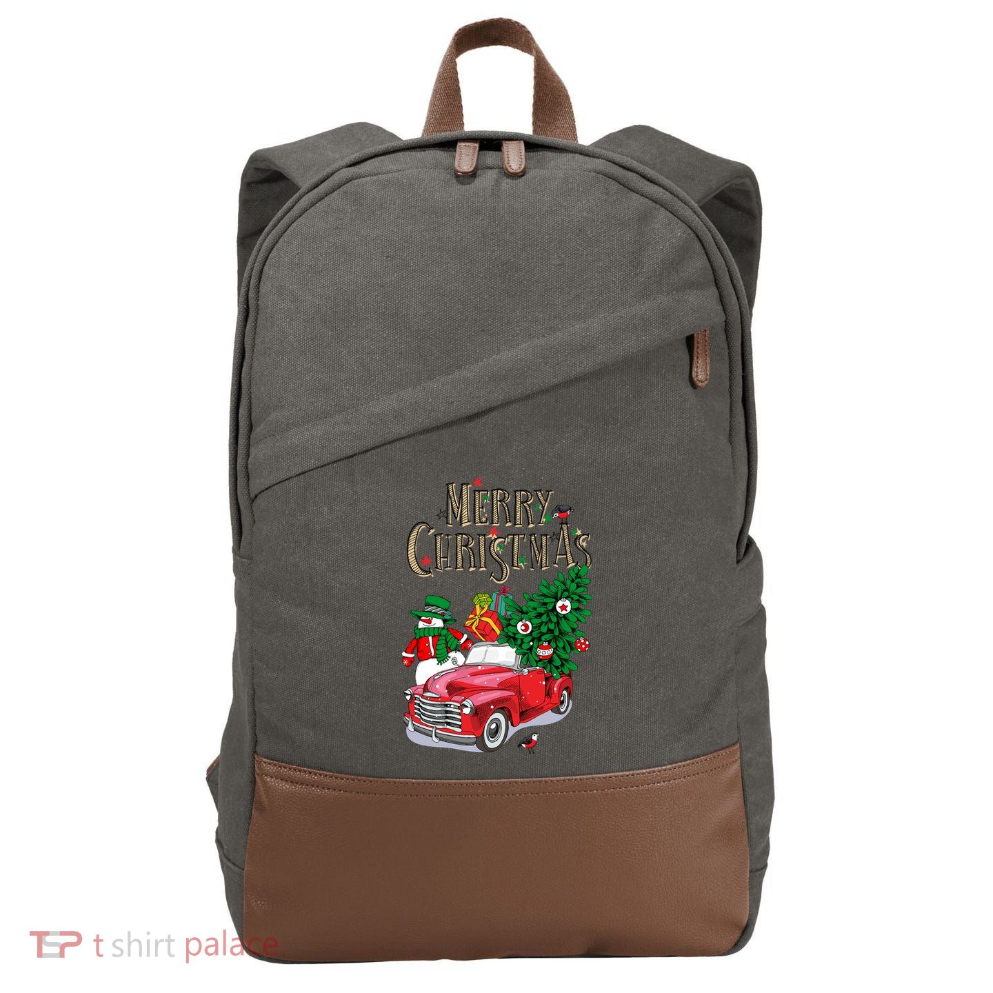 Merry Christmas Red Car Snow Ice Cotton Canvas Backpack